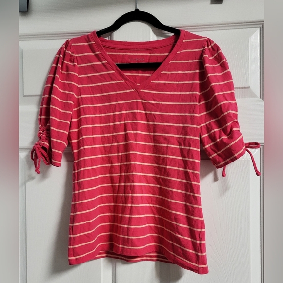 Talbot's Womens Cotton Striped Pink And Peach V-Neck Top W/Tie Sleeves - Size S - Picture 1 of 4